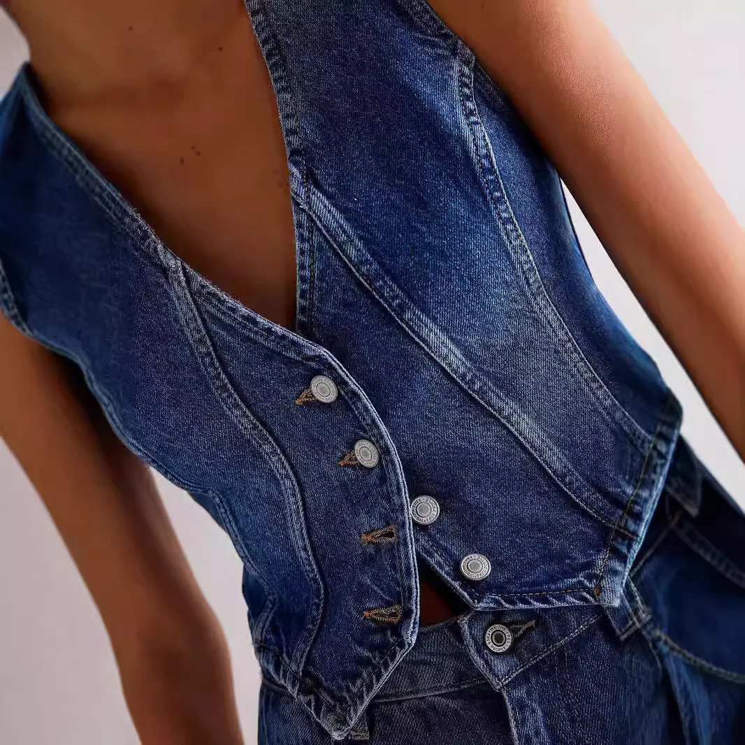 Elegantes kurzes Denim-Tanktop für Damen, schmale Taille, sexy tiefe V-Weste, Jacke, Oberbekleidung