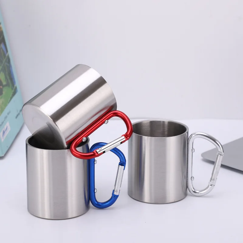 Outdoor Double Wall 304 Stainless Steel Cup Coffee Mug with Buckle Mountaineering Camping Cookout Metal Water Cup Tea Cup