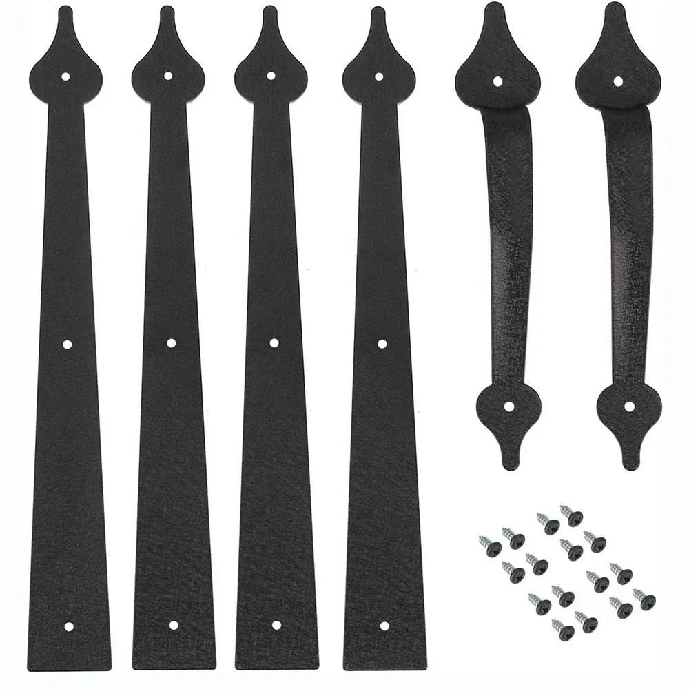 Metal Gate Door House Hinge Handle Set Decorative Garage Door Carriage Accents Door Hardware Black 2 Handles 4 Hinges