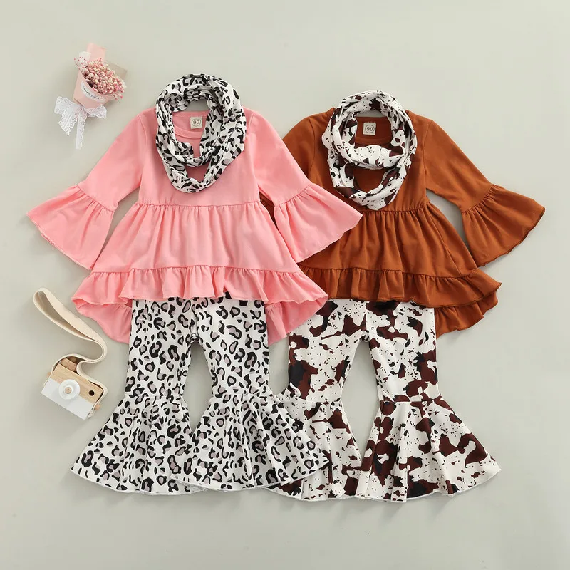 Newborn Baby Girl Things Layette Fall Winter 2022 Long Ruffle Sleeve A-Lined Tops Wide-Leg Dye Printed Casual Trousers Scarf