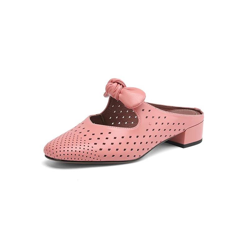 Summer  women's sandals  hollow-out cow leather slip-on flats summer slides  sweet bowtie elegant mules Shoes