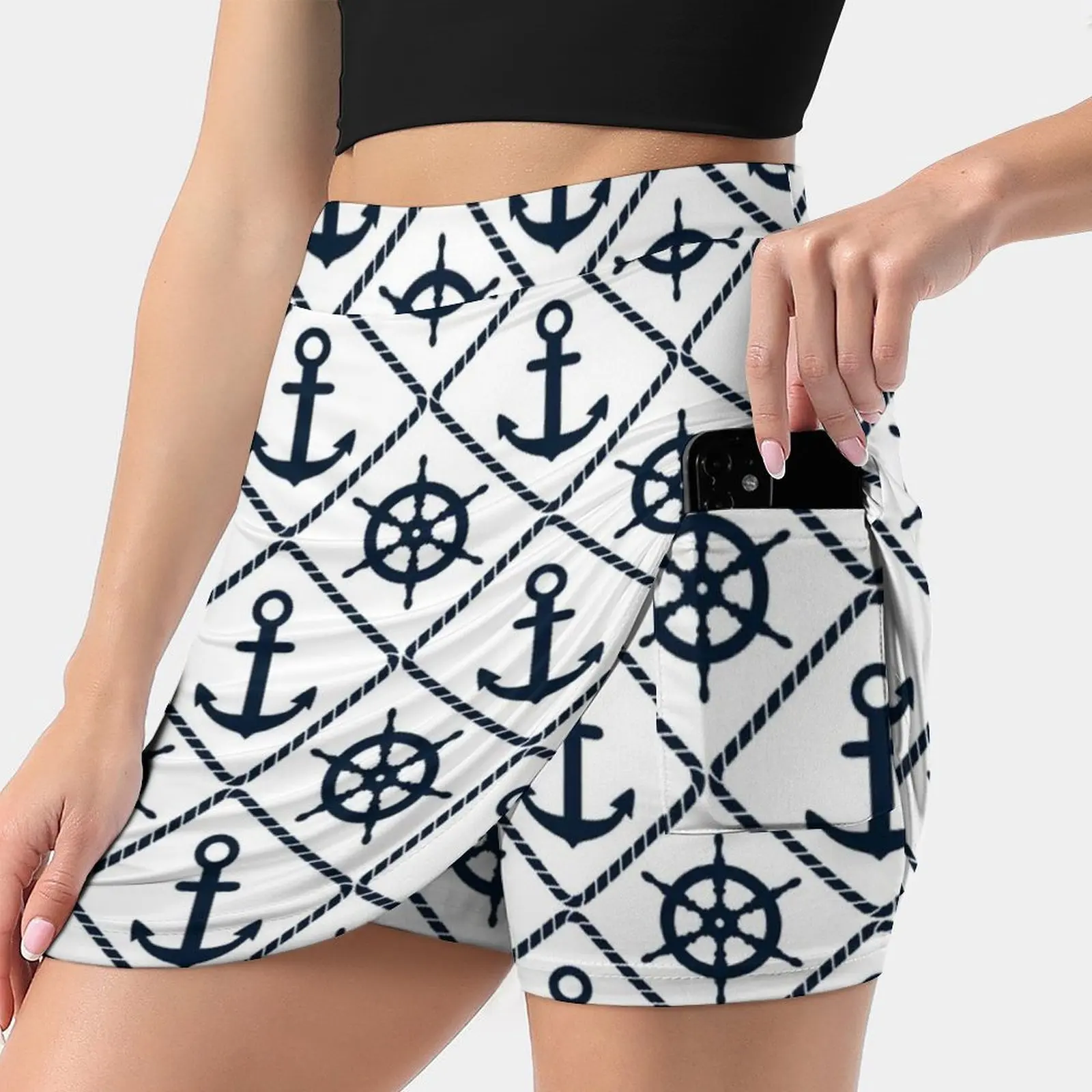 Anchor And Wheel Nautical-Navy And White Women's skirt Mini Skirts A Line Skirt With Hide Pocket Nautical Wheel Anchor Nautical