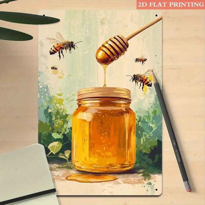 2D Flaches Vintage Bienen-Honig Metallschild Eisen 20x30cm Retro Bauernhaus Wanddekoration Plakette Garten Terrasse Kunst Poster Blechschild