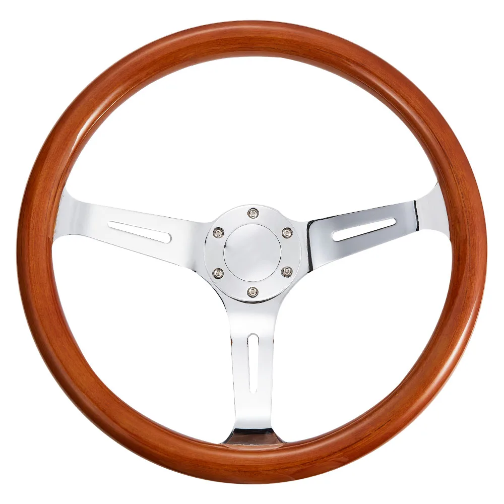 Car Steering Wheel 15'' Chrome Spoke Vintage Classic Wood Grain 6-Bolt