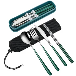 Portable Cutlery Set 304 Stainless Steel Removable Travel Tableware with Case Chopsticks Knife Fork Spoon Cutlery Set With Box