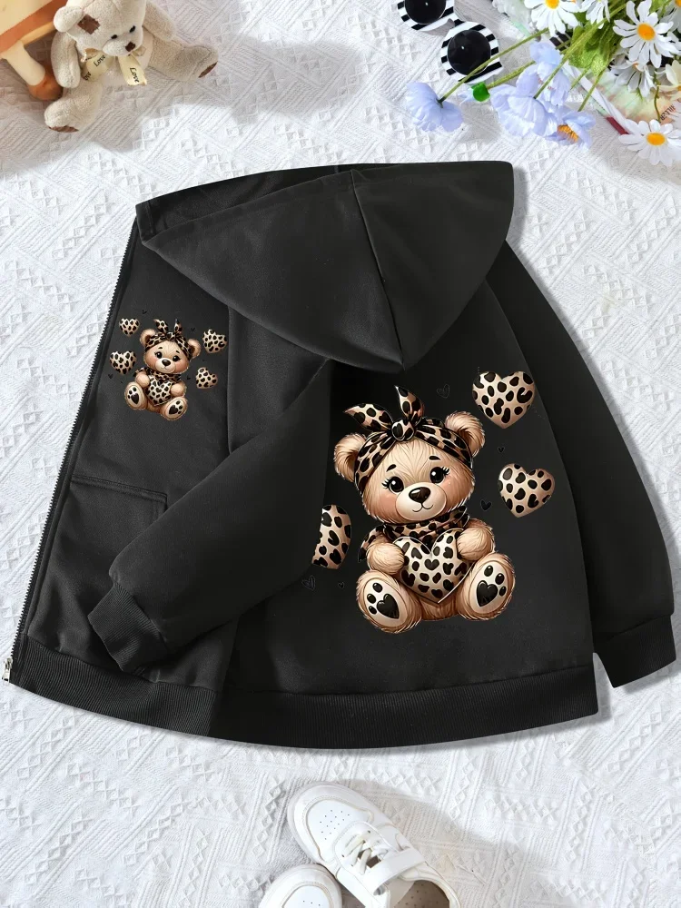 Kids Black Zip Up Hoodie Leopard Print Bear And Heart Graphic Front And Back Pattern Long Sleeve Pocket Girls Hooded Jacket
