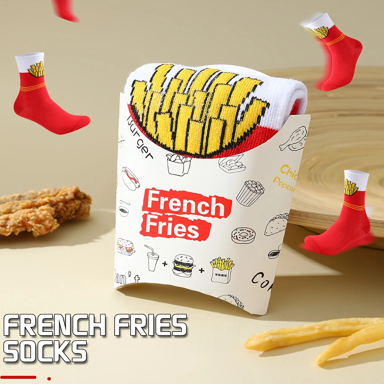 A pair of novelty and fun red fries pattern gift socks, leisure versatile.suitable for Halloween Christmas Valentine\'s Day Gifts