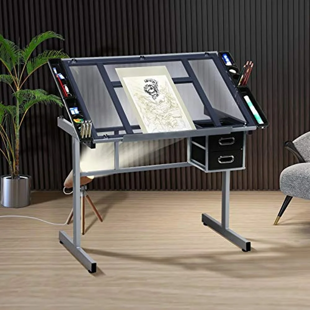 Glass Drafting Table with Storage Adjustable Art Drawing Desk