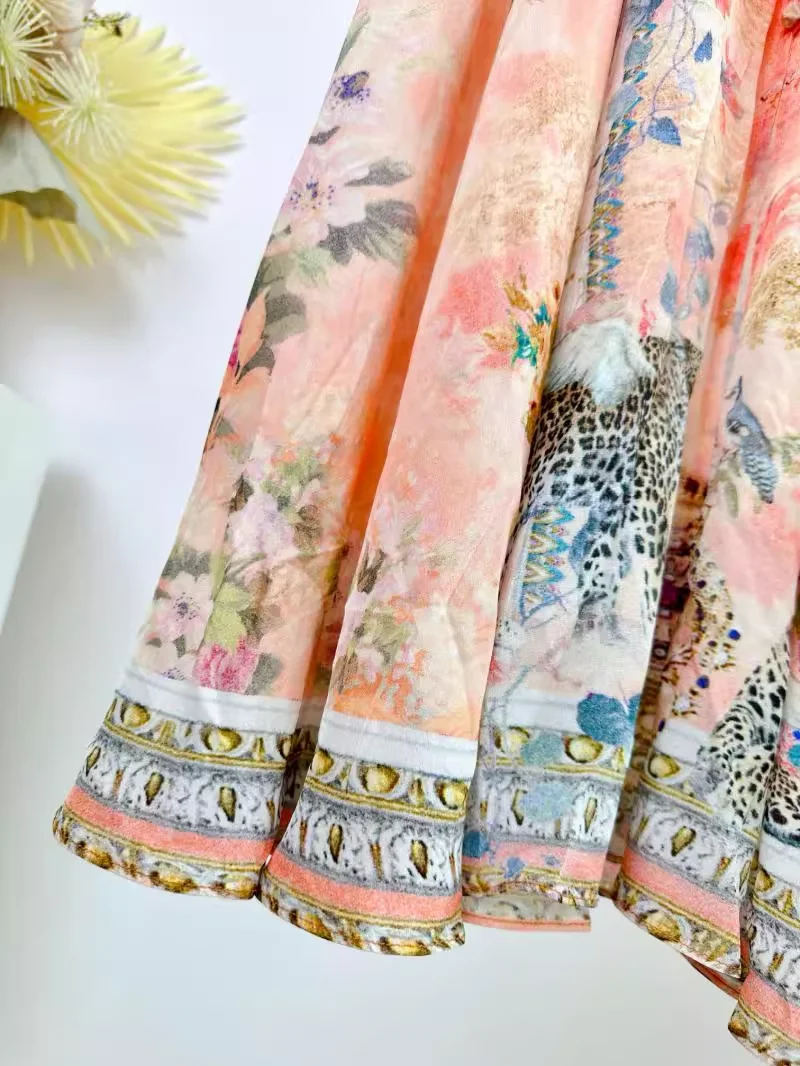 Robe Maxi pour femmes, imprimé floral rose, perles lourdes, col en v, taille haute, manches longues, élégante, 100% soie