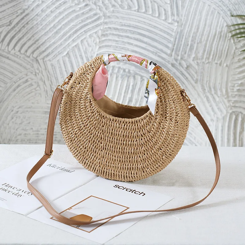 Summer Straw Bag For Women Fashion Semicircle Crossbody Bags 2024 New Fashion Rattan Messenger Handbag Travel Beach Bags Tote