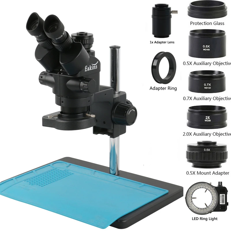 3.5-90X Zoom Trinocular Stereo Microscope+0.7X 0.5X 2X Objective Barlow Lens Desktop  Base Stand For Phone Repair PCB Soldering