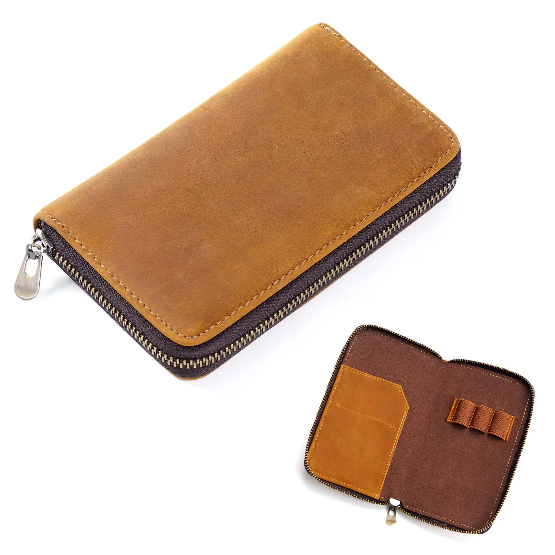 AIGUONIU Cowhide Zipper Pen Case Pencil Bag  Retro Style Design Large Capacity Card Storage Bag Stationery Case Pouch