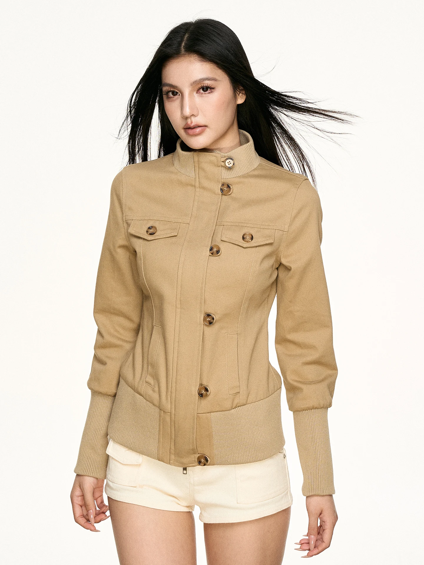 Aaisup American Retro Stand Collar Workwear Jacket Women's Spring Autumn Slimming Short Decorative Button Ladies Top