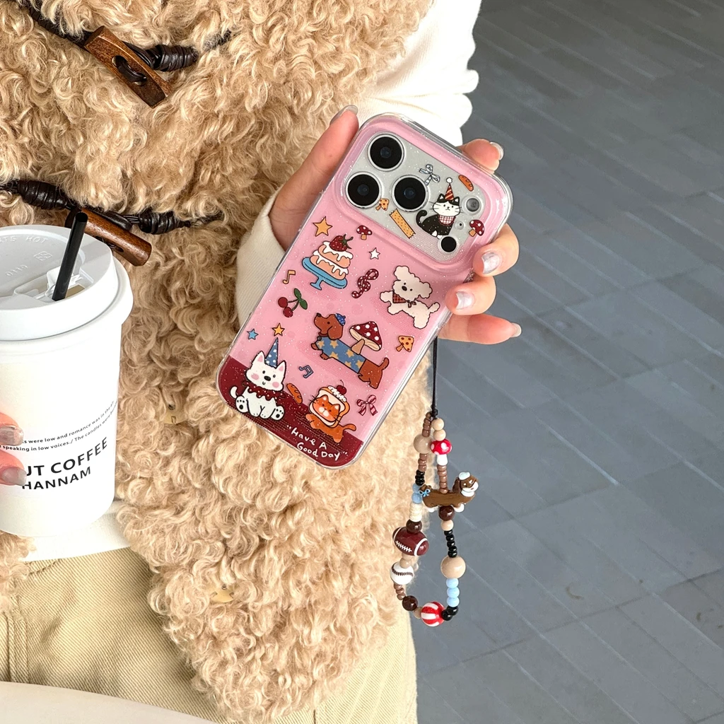 لطيف الوردي القط الألماني الكلب كعكة الكتابة على الجدران مع الحبل للصدمات واقية غطاء الهاتف آيفون 17 16 15 14 برو ماكس