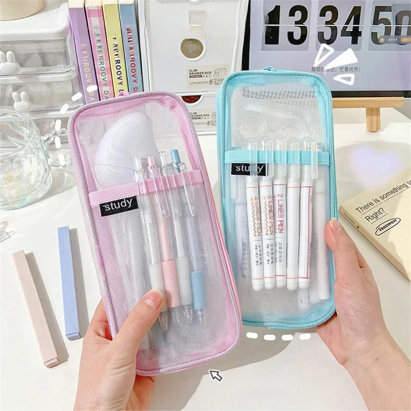 Transparent Mesh Pencil Case Double Layer Portable Lightweight Girls Pencil Pouch Korean Style School Stationery Exam Pen Bags