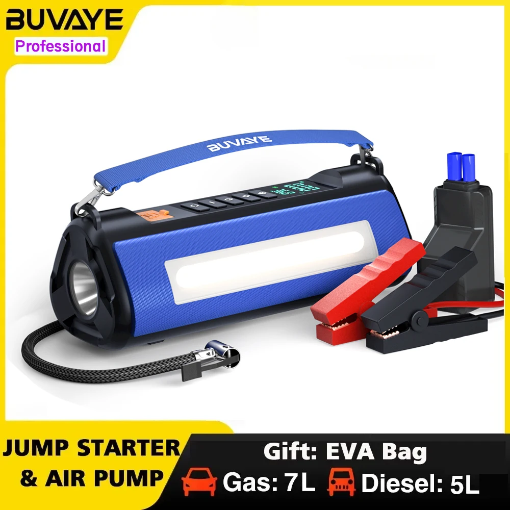 BUVAYE Portable Tire Inflator Car Jump Starter Air Pump Outdoor Multifunctional Emergency Power and Air Compressor  with EVA Bag