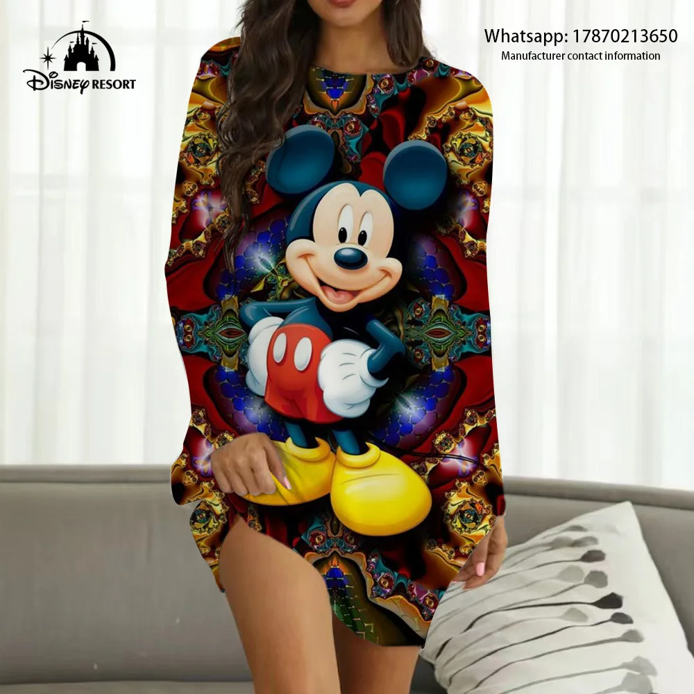 Vestido informal de primavera y verano para mujer, estampado 3D de dibujos animados de Mickey, manga larga, cuello redondo