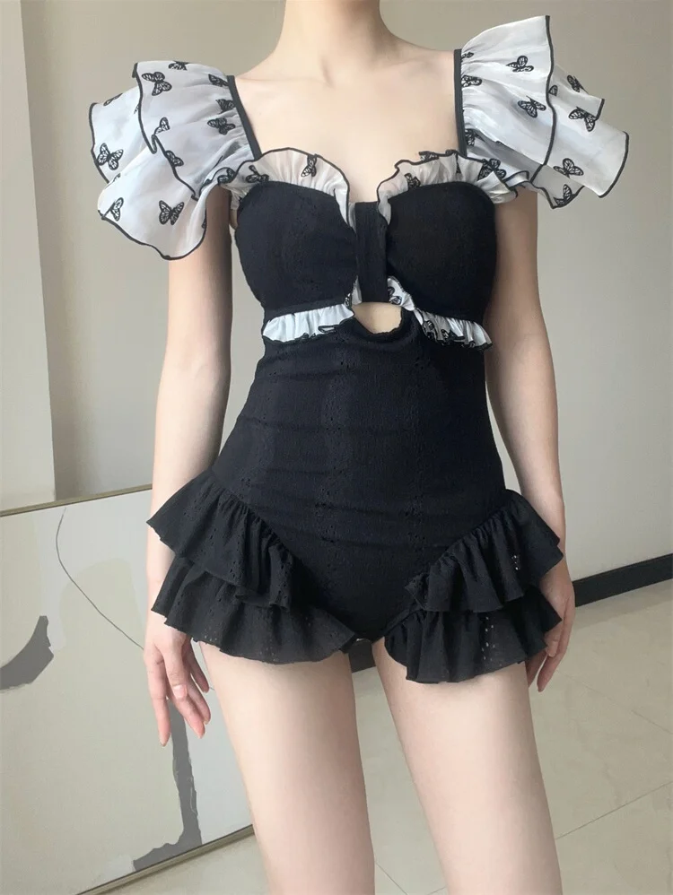 Ele Sle One-Piece Swimsuit Women's High Waist Ruffle Hem Conceal Meat Slimming Swimwear Casual Triangular Design