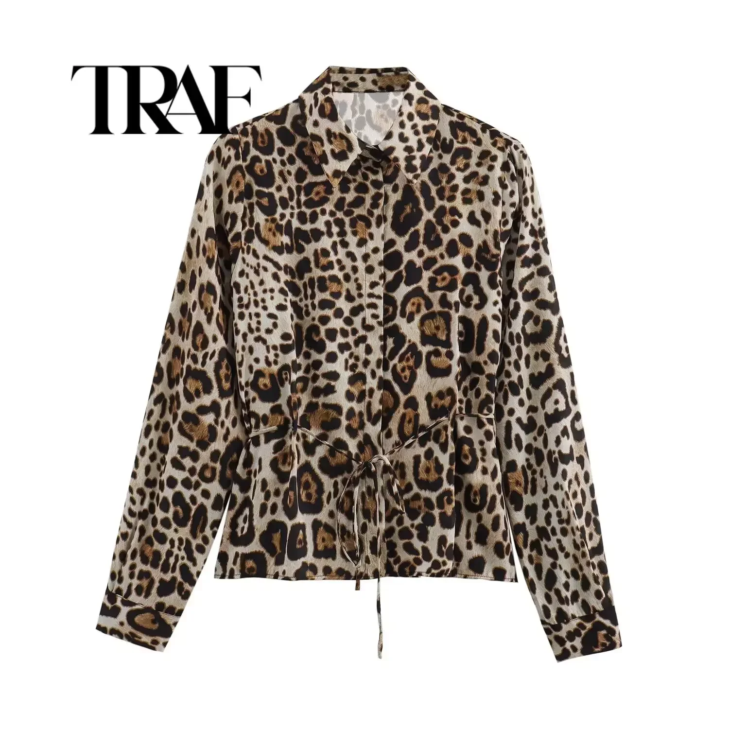 TRAF Cropped Leopard Shirts For Women Print Belt Vintage Blouse Streetwear Collared Summer Top Woman Long Sleeve Shirts