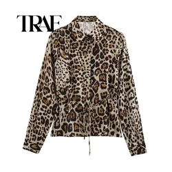 TRAF Cropped Leopard Shirts For Women Print Belt Vintage Blouse Streetwear Collared Summer Top Woman Long Sleeve Shirts