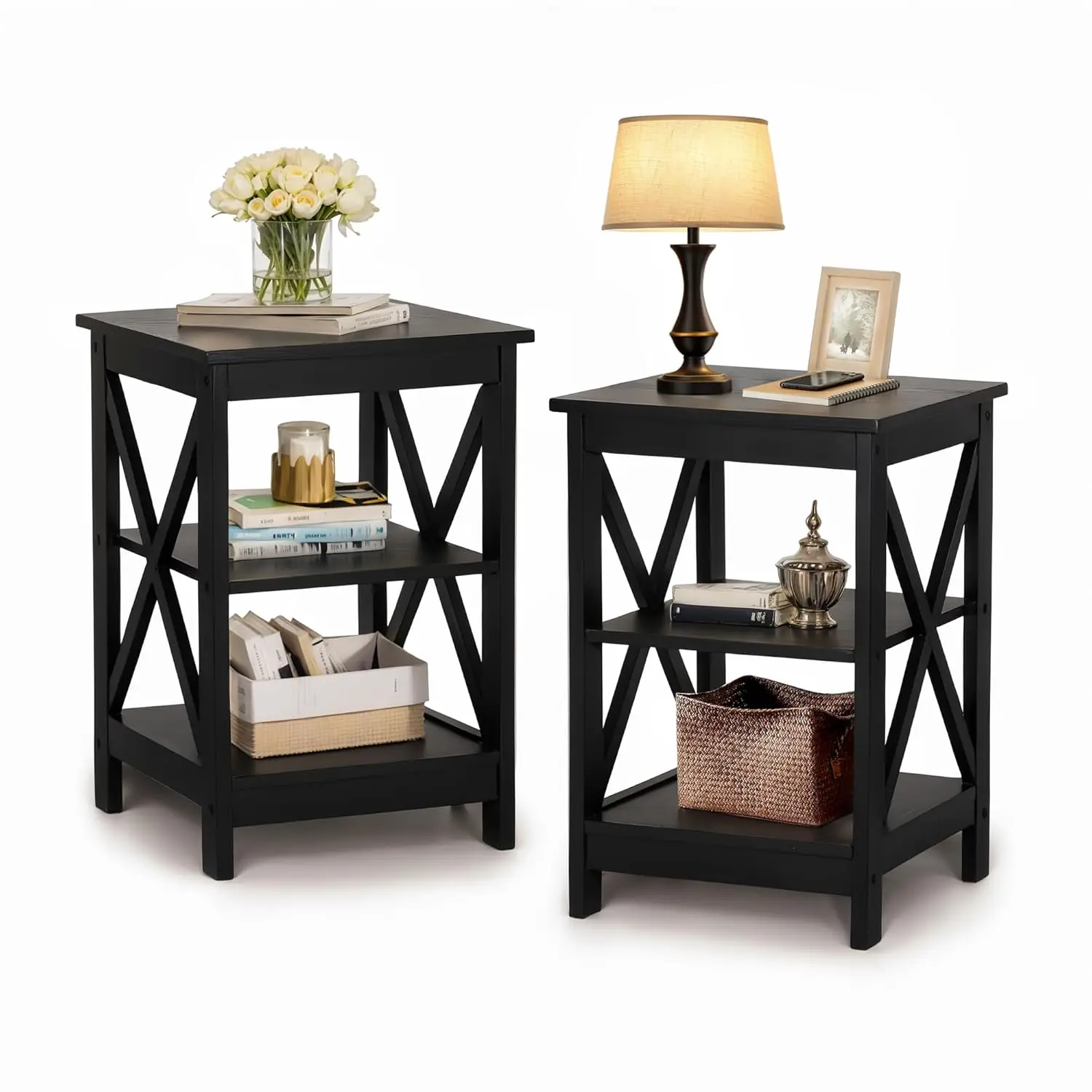 

Black Square End Table Nightstand Storage Shelf Living Room Bedroom Set 2, Customized
