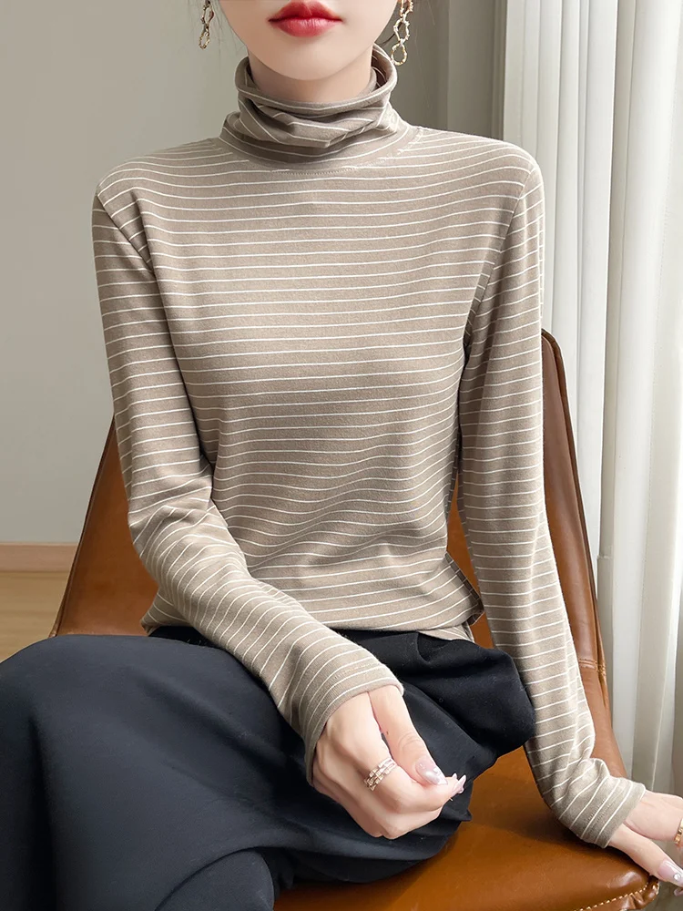 

Осенне-зимняя женская длинная футболка све, свободная посадка в термостойкую полоску, повседневная футболка для поездок на работу, штабелируемый дизайн Ne