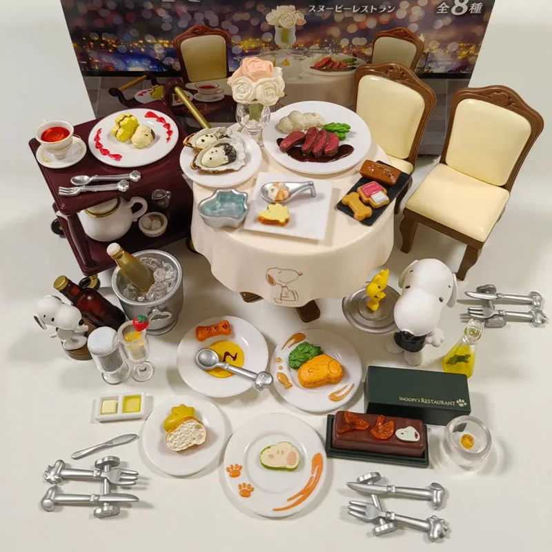 Caja Sorpresa de Figuras Miniatura de la Serie Snoopy American Sweets Shop Restaurant, Modelo Coleccionable con Comida, Vino y Postre