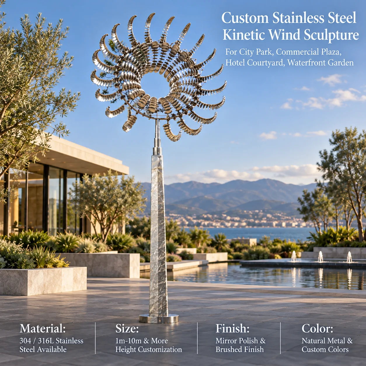 Kinetic Stainless Steel Wind Sculpture Mirror Polished Custom Moving Metal Art For City Park Plaza Hotel Waterfront Garden