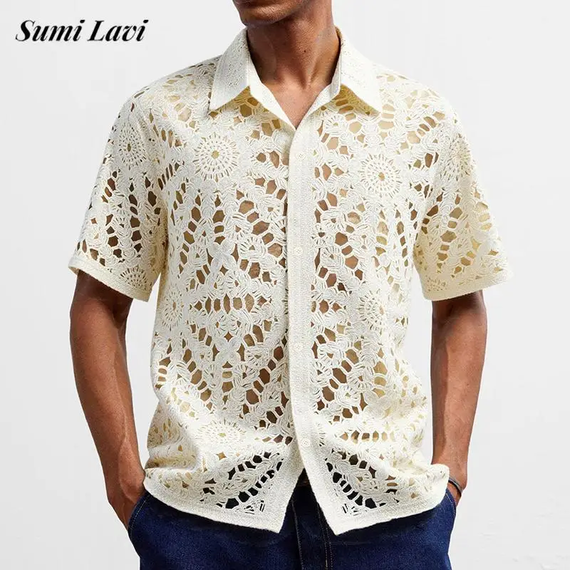 

Vintage Knitting Hollow Out Shirts For Mens Summer Daily Casual Button-up Lapel Cardigan Tops Fashion Men's Short Sleeve Shirt