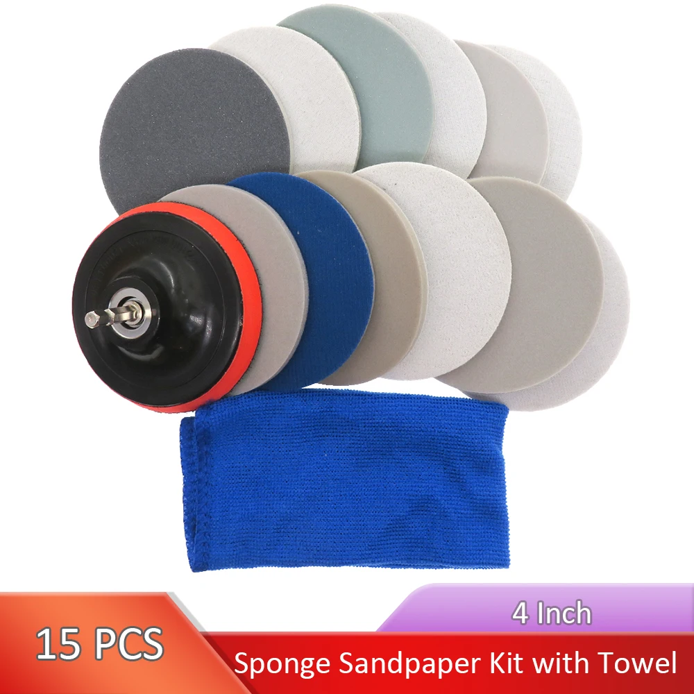 4 Inch Round Sponge Sanding Disc Sandpaper with Backing Pad and Car Washing Towel Hook and Loop 300-3000 Grits for Polishing