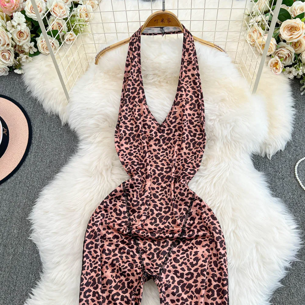 Foamlina American Ins Hot Sexy Deep V-neck Leopard Print Jumpsuit Women\'s New Tight Slim Girl\'s Bodycon Backless Trousers