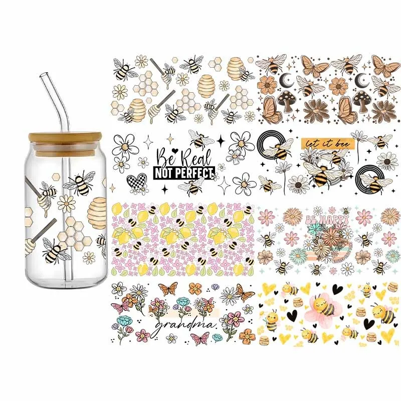 Bees UV DTF 3D Cartoon Design Waterproof Transfer Sticker Wraps Cup Cute FashionHigh Quakity Sticker 16oz Glass Mug Cups Sticker