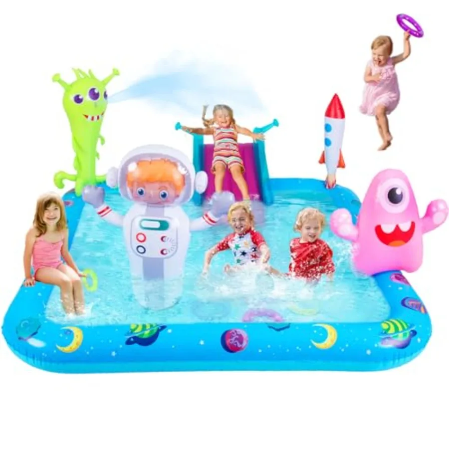 

Inflatable Play Center Pool for Outdoor Use PVC Material Blue and White Includes Slide Sprinkler and Ring Toss for Summer Garde