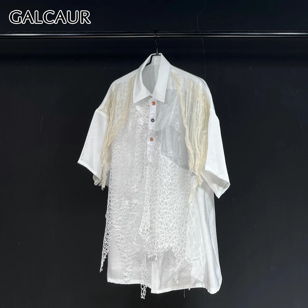 

GALCAUR White Spliced Hollow Out Loose Shirt Female Lapel Short Sleeve Irregular Design Women's Shirts Summer New Style Fashion