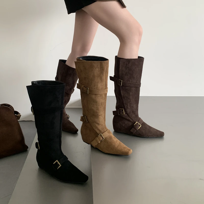 

SUOJIALUN Winter Women Knee-High Boots Fashion Buckle Round Toe Ladies Elegant Long Boots Low Wedge Heel Knight's Boots Shoes