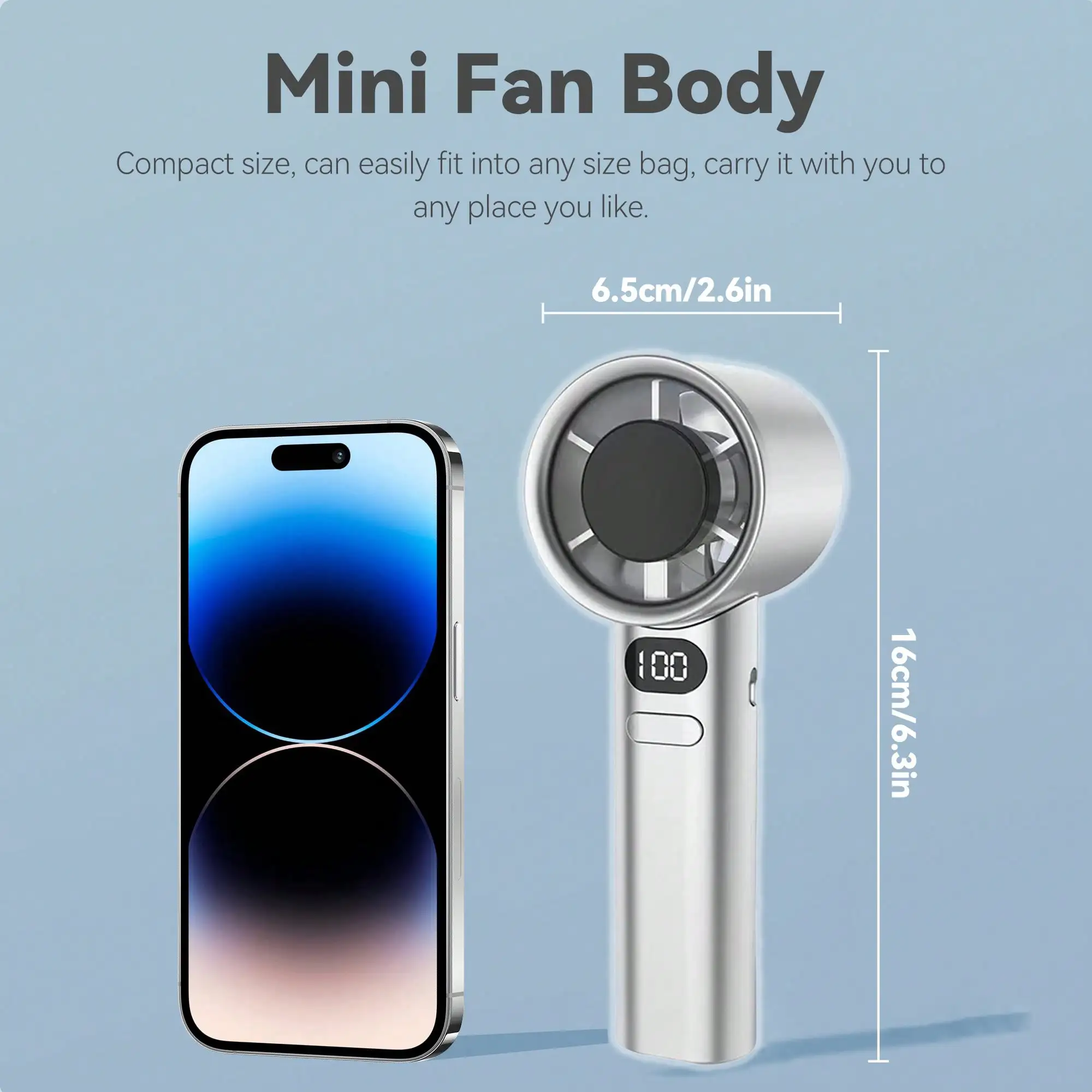 1-Pack Portable Handheld Fans With Digital Display, USB Rechargeable Mini Turbofan, 120-Speed Adjustable Quiet Fans For Travel, Camping, Home, Office & Summer Outdoor Use view 6