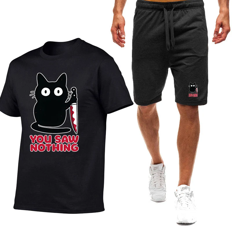 

Funny Cat You Say Nothing Print 2025 New Men Summer Nine Color Short-sleeved Set Simple Tops + Shorts Sports Suit