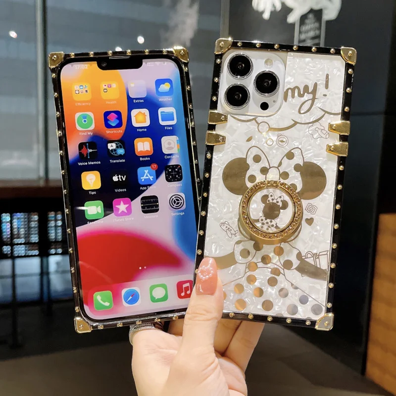 삼성 갤럭시 S22 울트라 S21 플러스 S20 FE S10 노트 20 울트라 10 9 8 용 골드 도금 마우스 오리 전화 케이스, 반짝이 스퀘어 커버