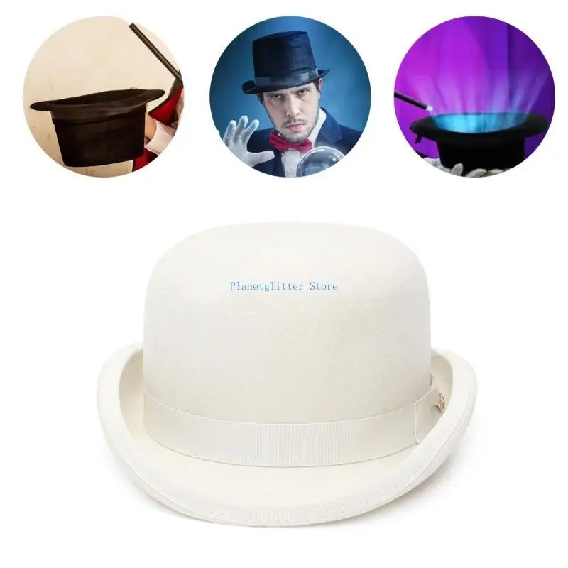 

652B Wool Top Hat Wide Brim Fedora Hat Gift for Boyfriend Top Hat Short Brim Magician Costume for Outdoor Gatherings