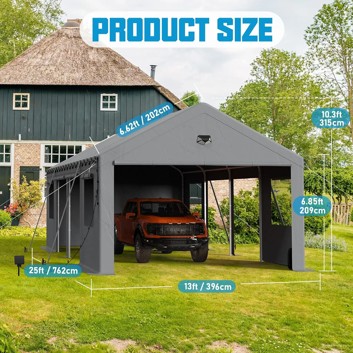 13x25 Heavy Duty Carport Canopy Drive Through Portable Garage Roll Up Windows Doors Removable Sidewalls Side Doors