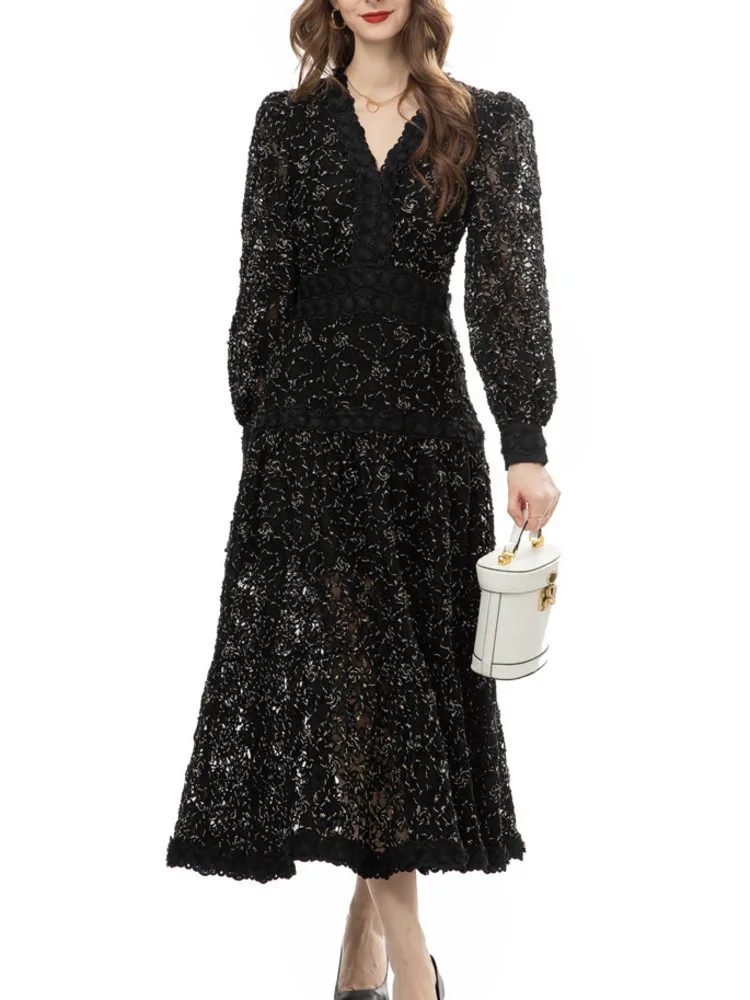 QMQA Fashion Women's Hollow Out Embroidery Dresses Spliced Lantern Long Sleeve Black Big Swing Dress Party Evening Dress 1A137