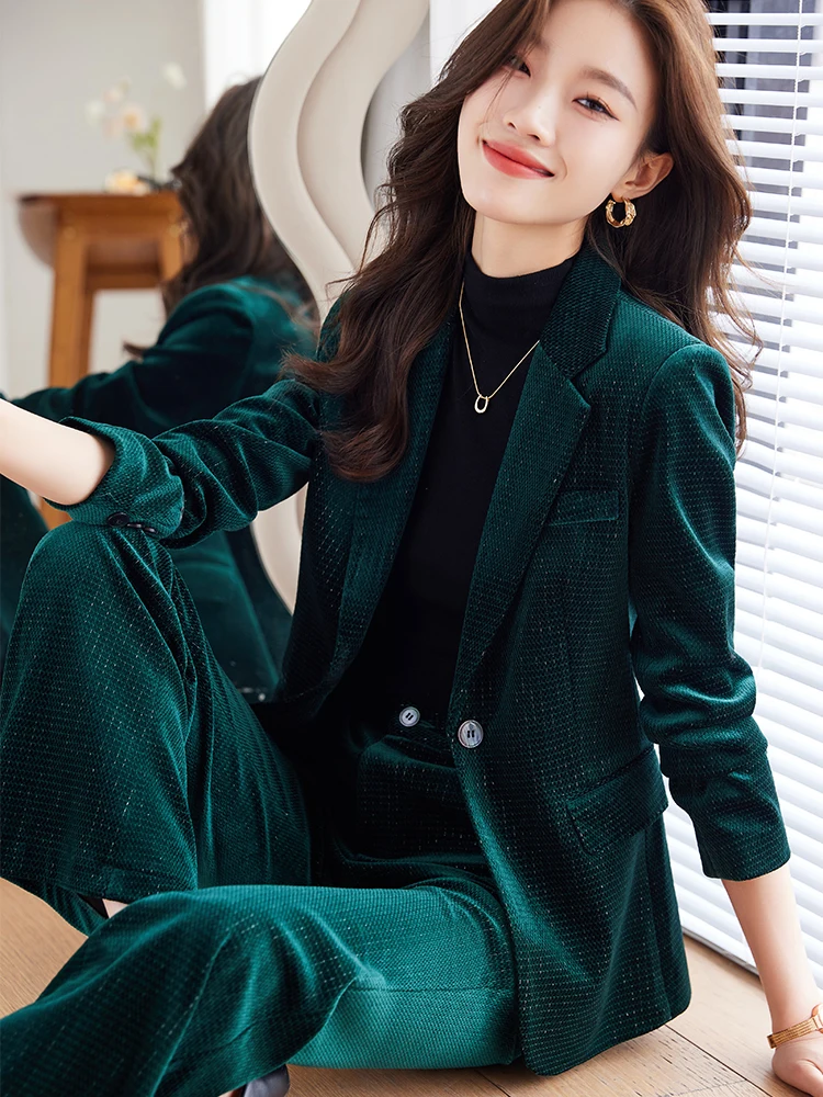 

S-4XL Autumn Winter Blue Green Black Women Pant Suit Office Ladies Business Work Wear Formal Blazer and Trouser 2 Piece Set