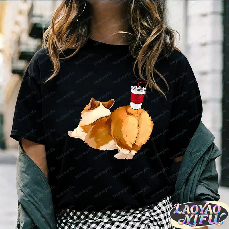 Cute-Corgi-Dog-Buttocks-Drink-Tshirt-Casual-Summer-Women's-Cotton-T-Shirt-Cute-Animal-Print-Loose-Fit-Trendy-Top-for-Women