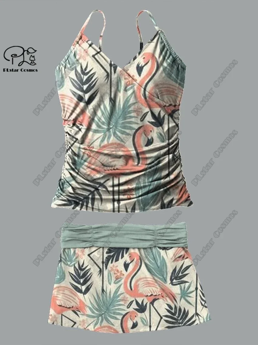 Traje de baño de dos piezas con cuello en V para mujer, falda con tirantes y estampado 3D de flores y flamencos, para vacaciones y viajes, novedad de H-4