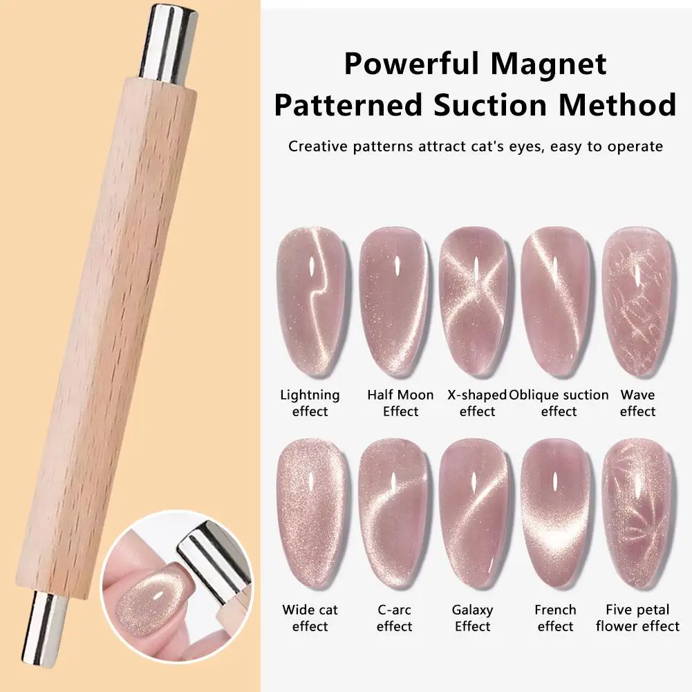 Cabeça dupla Nail Art Caneta magnética, Punho de madeira, 3D Cat Eye Painting Gel, Conveniente Nail Magnet Tools, 1pc