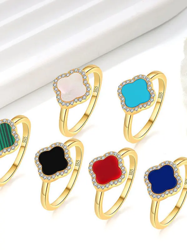 

S925 Sterling Silver Ring with Bla Agate And Mother of Pearl Four Le Clover Design Korean Sle Faion Jewelry for Women