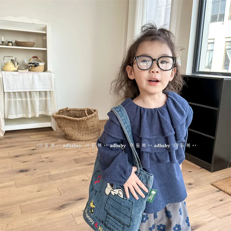 

Girl Shirt Top 2024 Autumn Children Clothing New Girl Autumn Korean Bat Sleeve Washed Cotton Wide Shirt Baby Shirts Tops