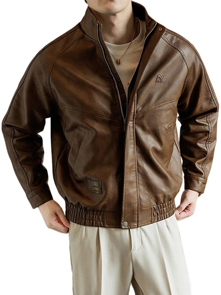 

2025 New Autumn And Winter Fashion Retro PU Leather Jacket Men's Casual Motorcycle Jackets Outdoor Windproof Coat Solid Color