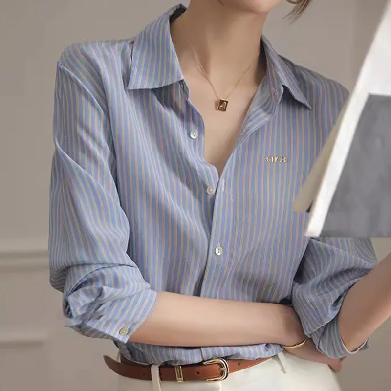 Camisa listra de manga comprida feminina, clássico, alto grau, fêmea, vintage, elegante, versátil, senhora do escritório, tops da moda, novo, popular