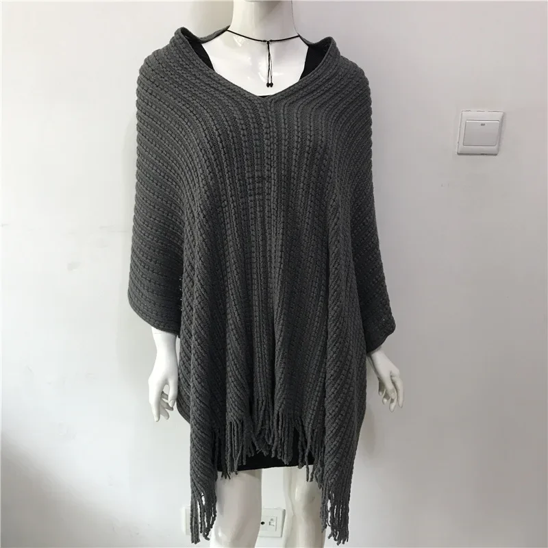 

Spring Autumn Pullover Sweater Knitwear Geometric Splicing Loose Poncho Cape Women Coat Cloak Shawl Sunscreen Gray Shawl